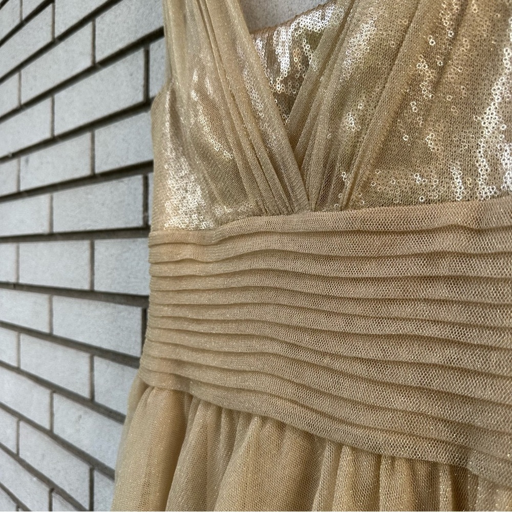 Tadashi Shoji Gold Tiered Gown Petite 6P Sequin V-Neck Tulle Formal Dress Hoco - Picture 5 of 12